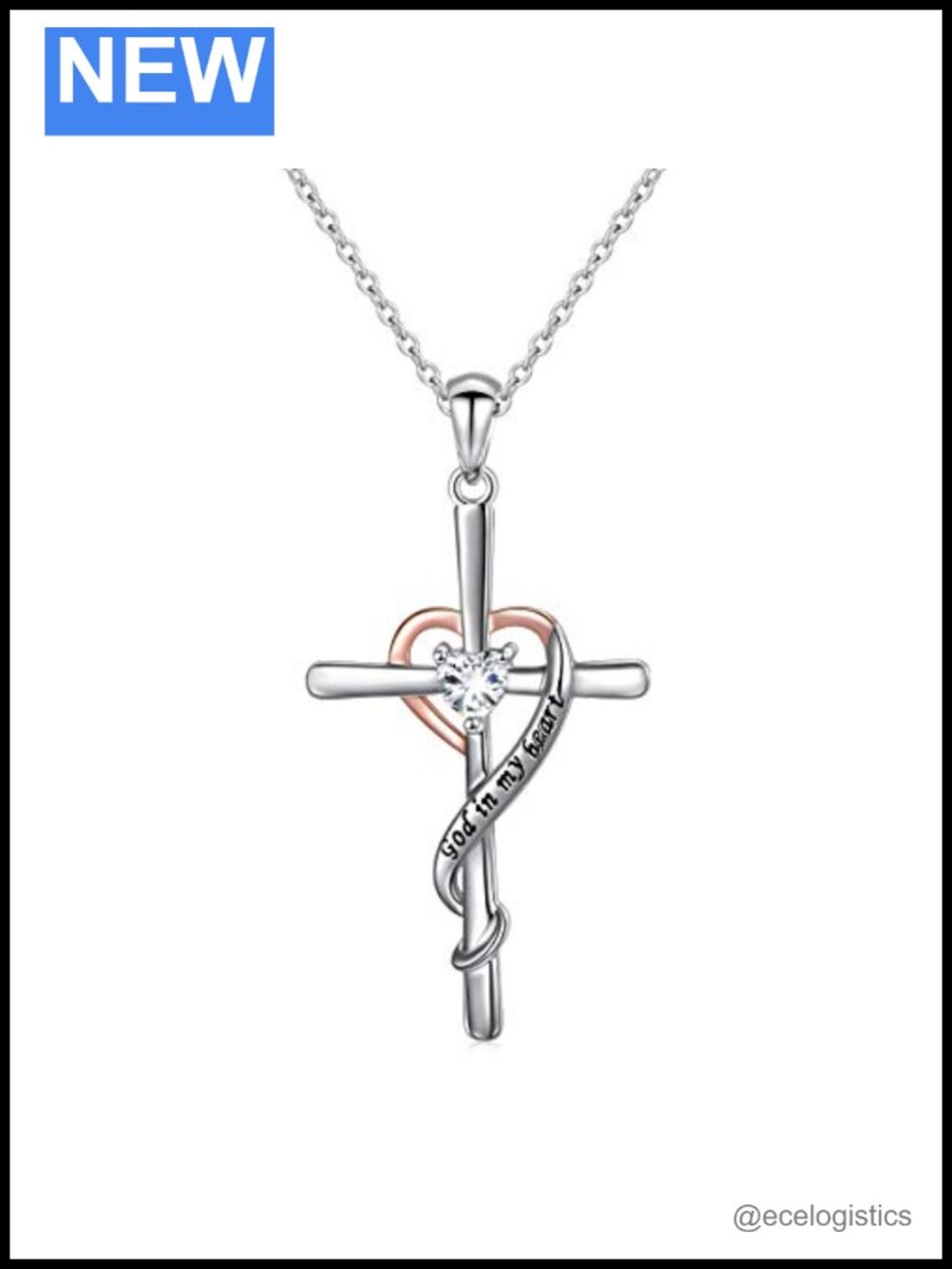 925 Sterling Silver Cross Heart Necklace God in My Heart Pendant 18"